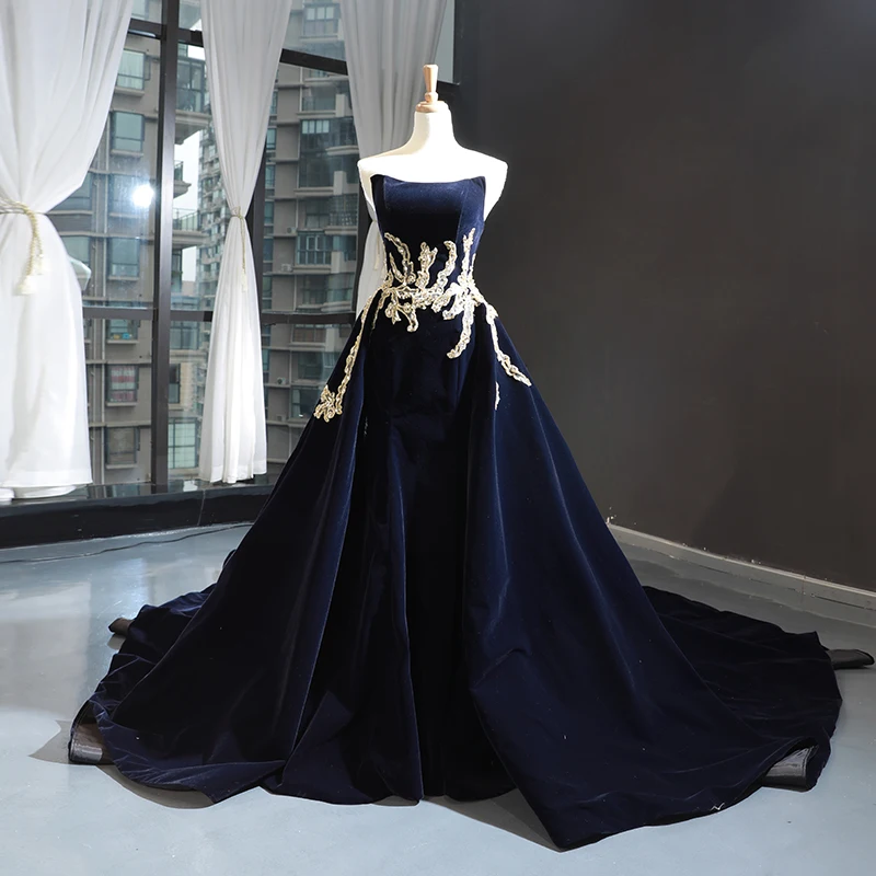 Goud Pailletten Kralen Prom Jurken Strapless Navy Blue Velvet Avondjurken Sweep Trein Plus Size Zwart Bruiloft Formele Kleding