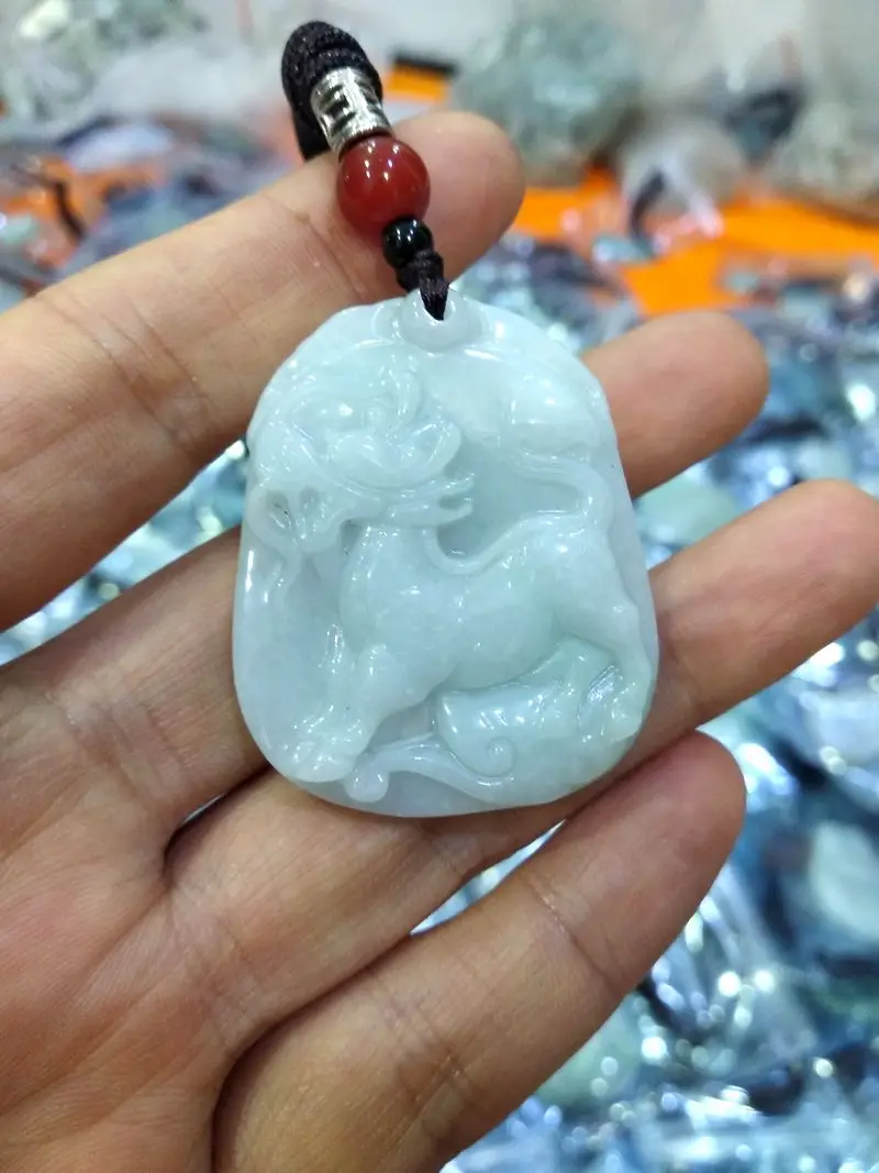 Famous Burma Jadeite kylin Beast Pendant Lucky unicorn Amulet Hanging Drop Bless Ornaments