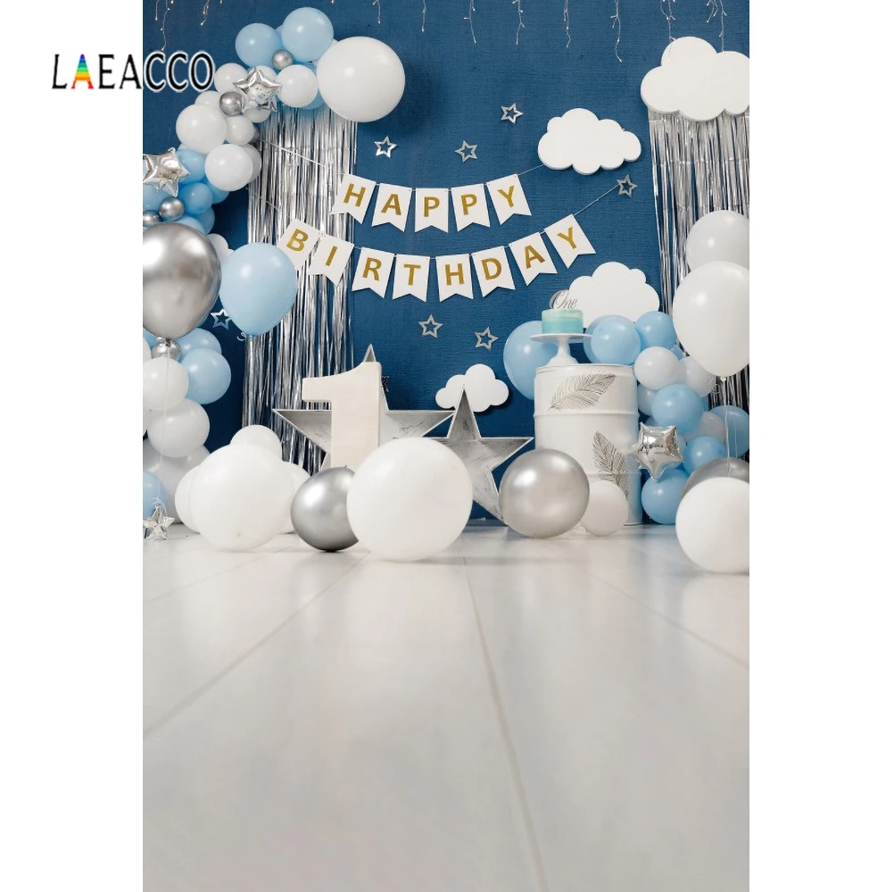 Laeacco Blue Theme White Balloons Could Gifts Silvery Tassel Birthday Backdrops Background Photographic for Photo Studio Props