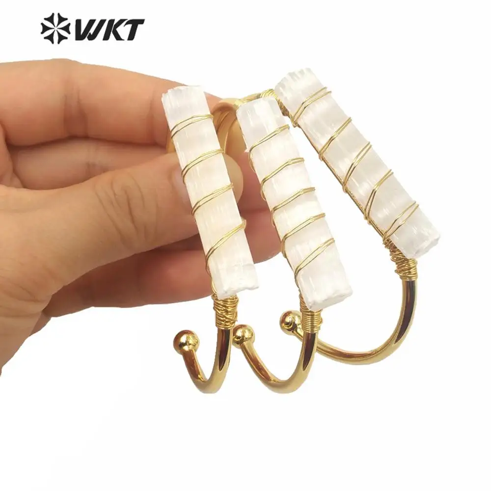 WT-B567 Fashion women open brass gold plated bangle long white selenite bangle with wire wrapped new design cuff bangle