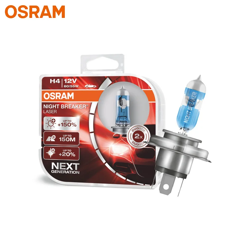 OSRAM H4 9003 HB2 64193NL Halogen Night Breaker Laser Next Generation 12V 60/55W P43t 150% Bright Car Original Headlight, Pair