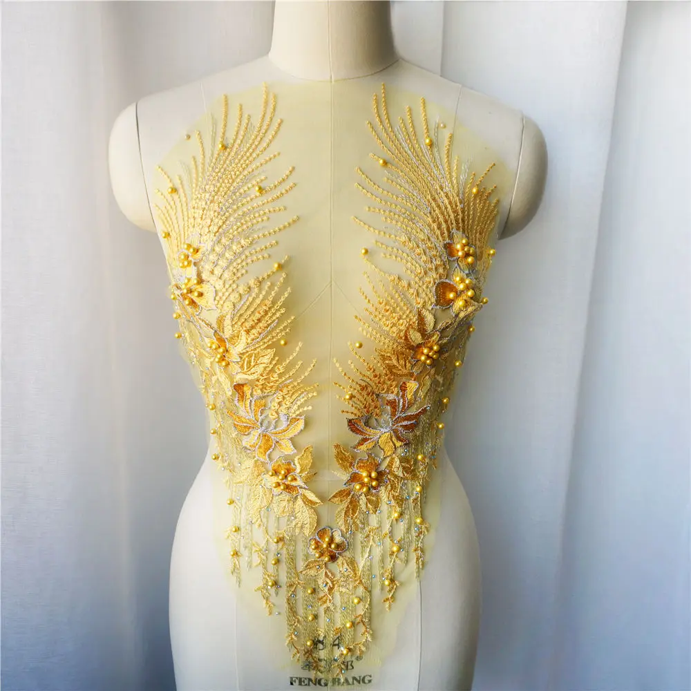 

Yellow Lace Fabric Flower Tassel Beads Rhinestone Embroidered Gown Appliques Trims Collar Mesh Sew Patch For Wedding Decoration