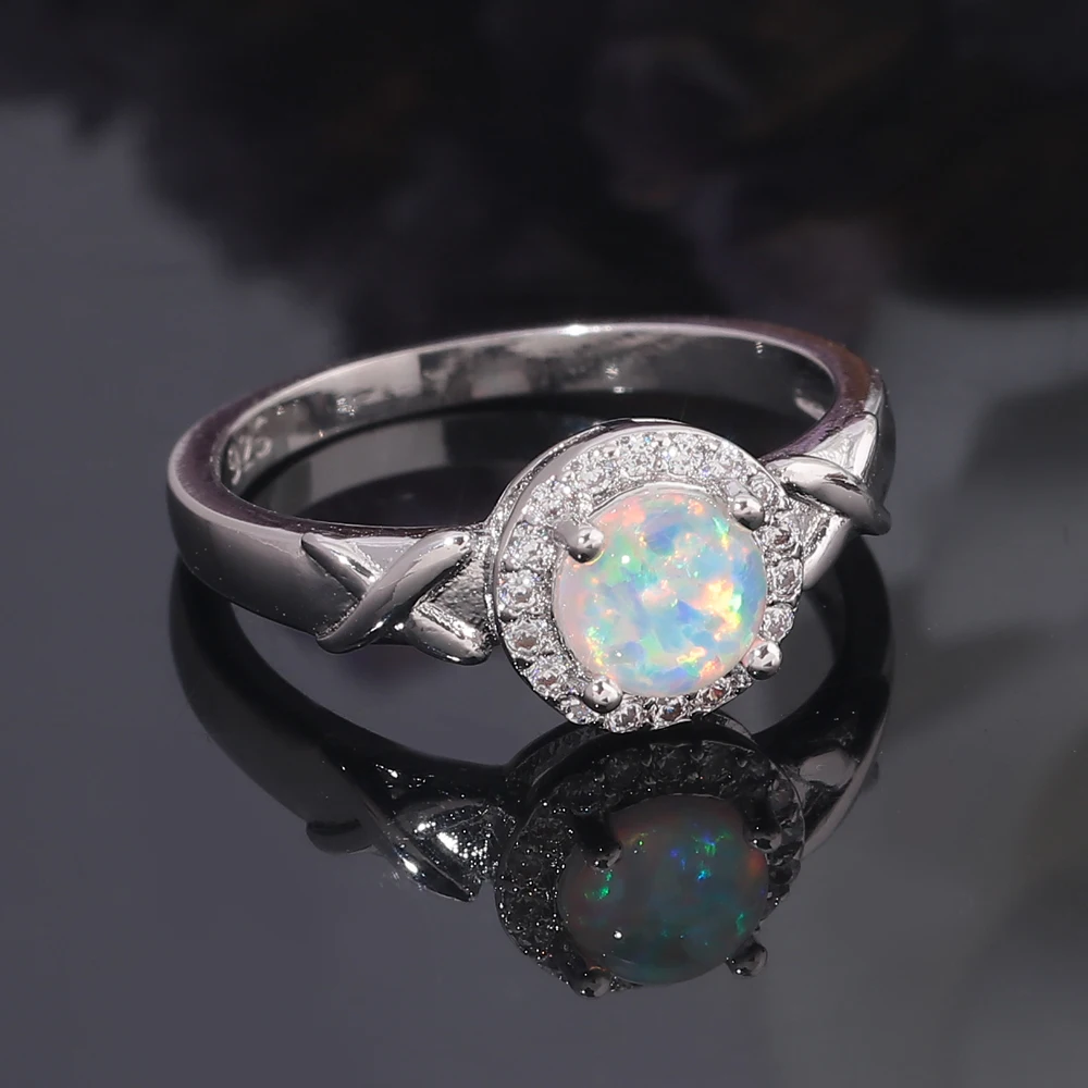 

CiNily Created Round White Fire Opal Rings with Cubic Zirconia 925 Sterling Silver Fine Ring For Women Jewelry Gifts Size 6-9