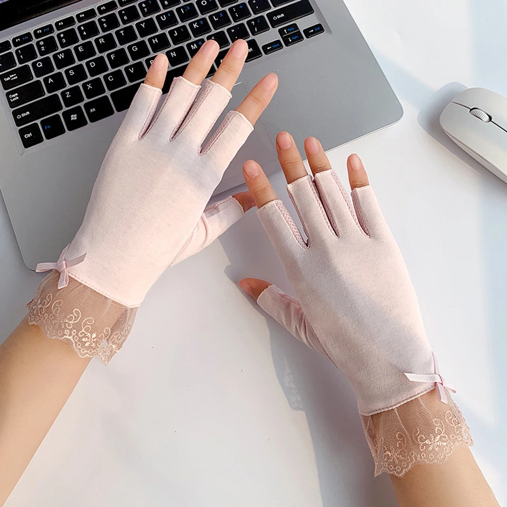 Ciclismo bordado verano mujeres arco señora medio dedo guantes flor guantes finos manopla de encaje