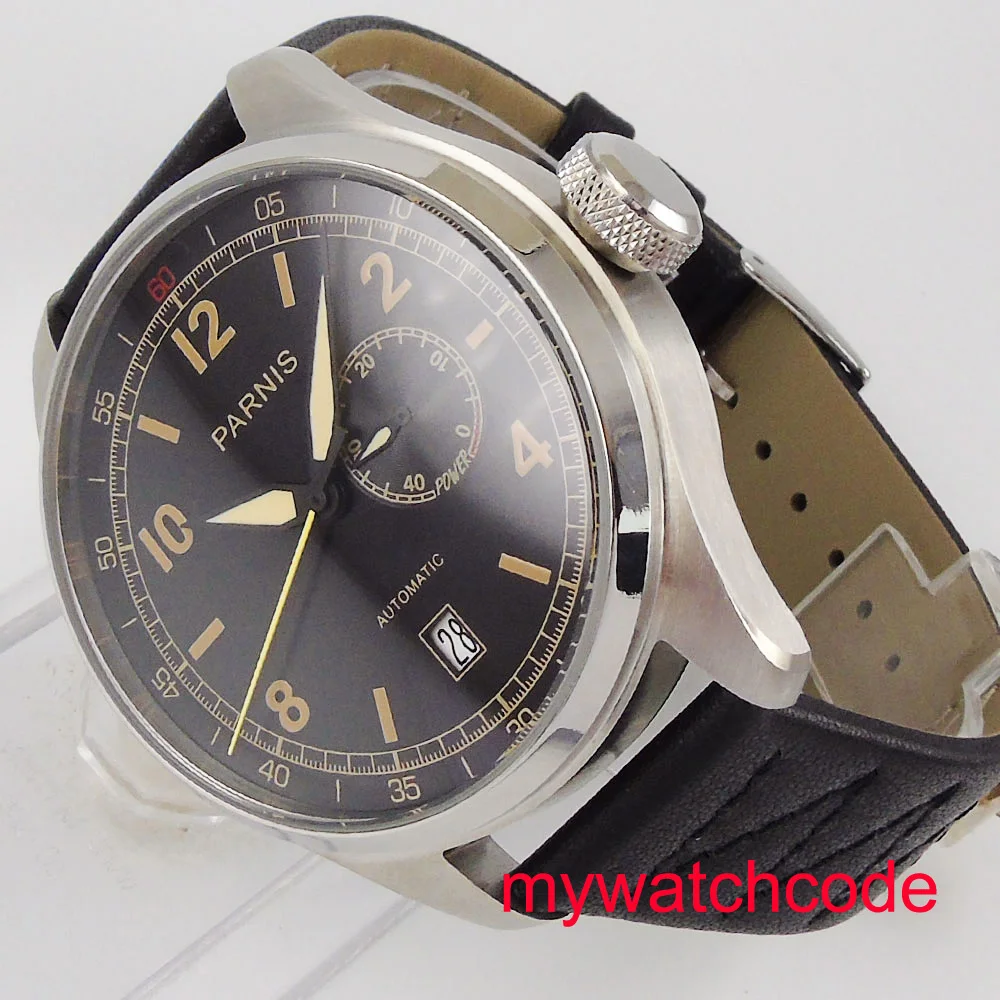 48mm Parnis 블랙 다이얼 가죽 스트랩, 파워 eserve 스테인레스 스틸 케이스, 항저우 자동 무브먼트, 남성용 시계