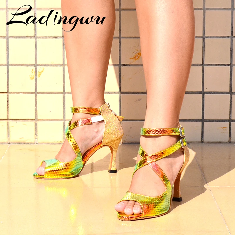 Ladingwu-Chaussures de danse latine pour femmes, chaussures de salsa, chaussures de danse de salon de mariage, laser, PU et paillettes, bleu, or,