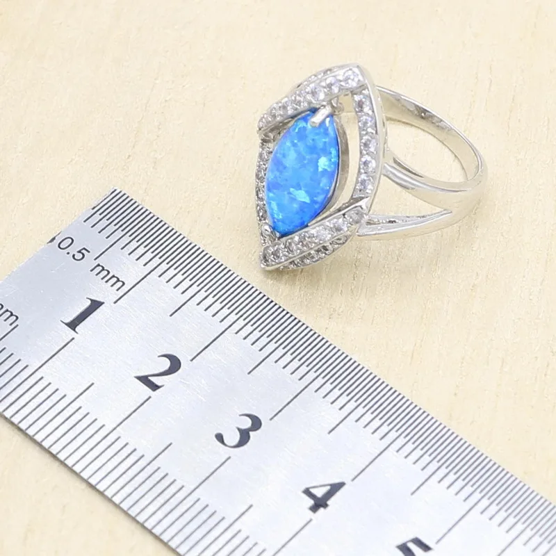 Blue Fire Opal Earrings Necklace Pendant Ring Silver 925 Wedding Jewelry Set for Women Light Blue Crystal Bracelet Gift