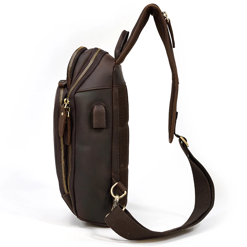 Genuine Leather Men\'s Chest bag Vintage cow leather USB Charging Summer Crossbody Bag Travel Sling Shoulder Bags Crossbody bags