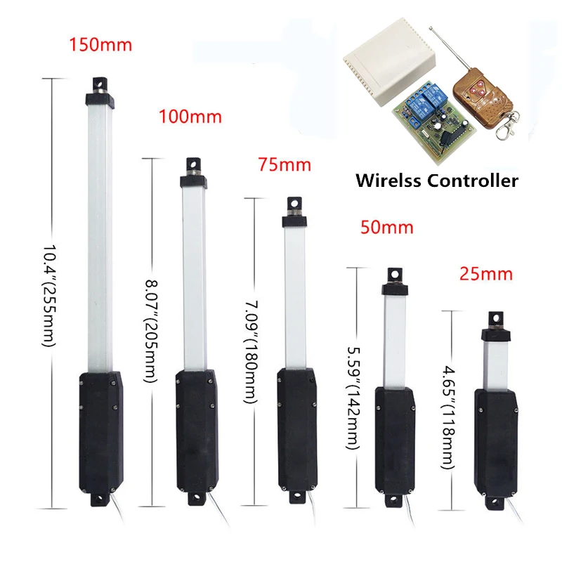 

12V 20N DC Linear Actuator Electric Motor Telescopic 25mm 50mm 75mm 100mm 150mm Remote Controller Wireless Lineal Actuador