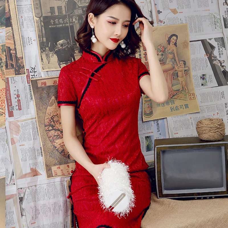 Vestido chino de encaje corto para mujer, Cheongsam moderno, Qipao, fiesta, Vintage, Ao Dai, elegante, alta calidad, 2020