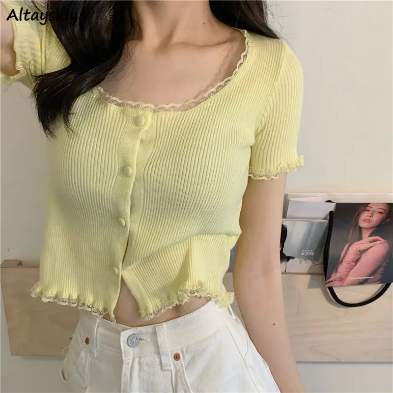 Short Sleeve T-shirts Women Slim Solid Lace O-neck Single Breasted Trendy Chic Sweet Lovely Ulzzang Simple Streetwear Knitted