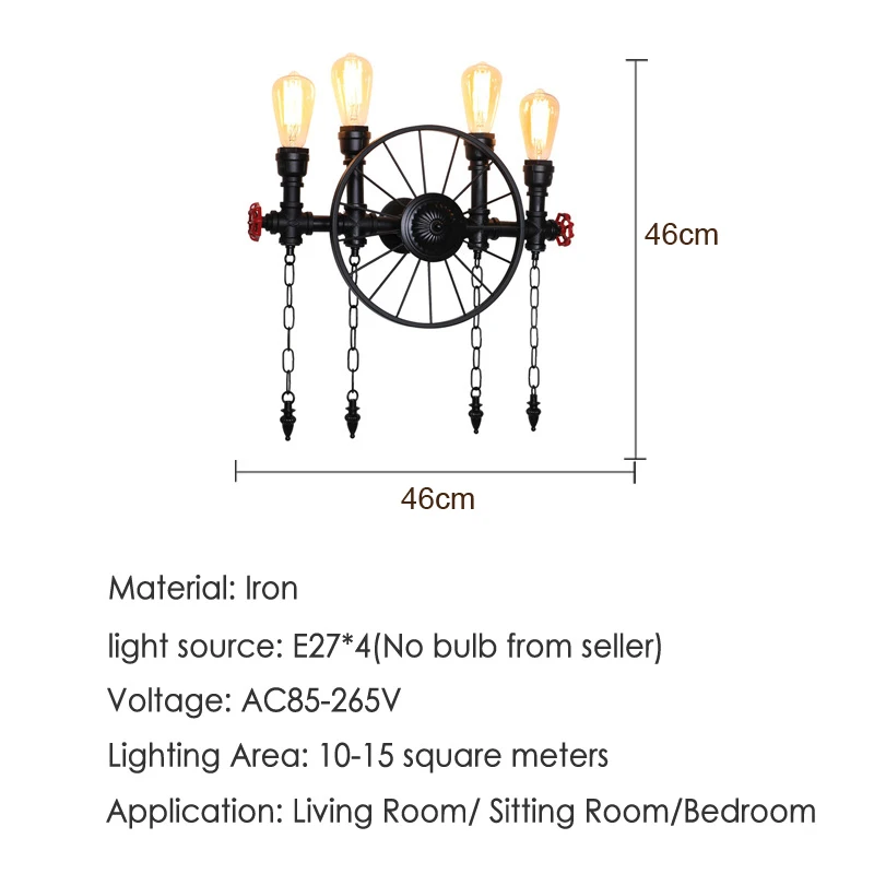 Retro American Industrial Vintage Light Balcony Restaurant Bar Wall Lamp Iron Wheel Water Pipe Wall Light Sconce