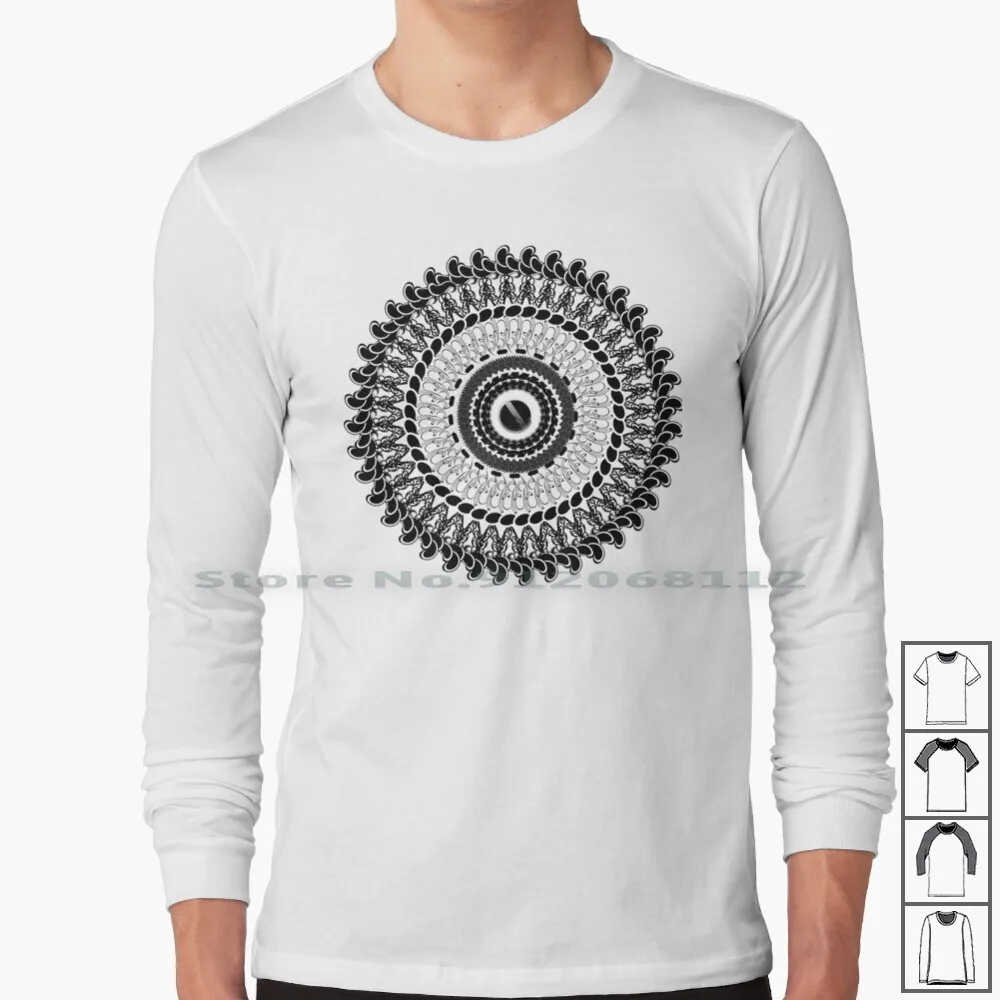 Sleek Mandala Design Long Sleeve T Shirt Black And White Peace Balance Universe Love Shapes Abstract Centre Pattern Intricate