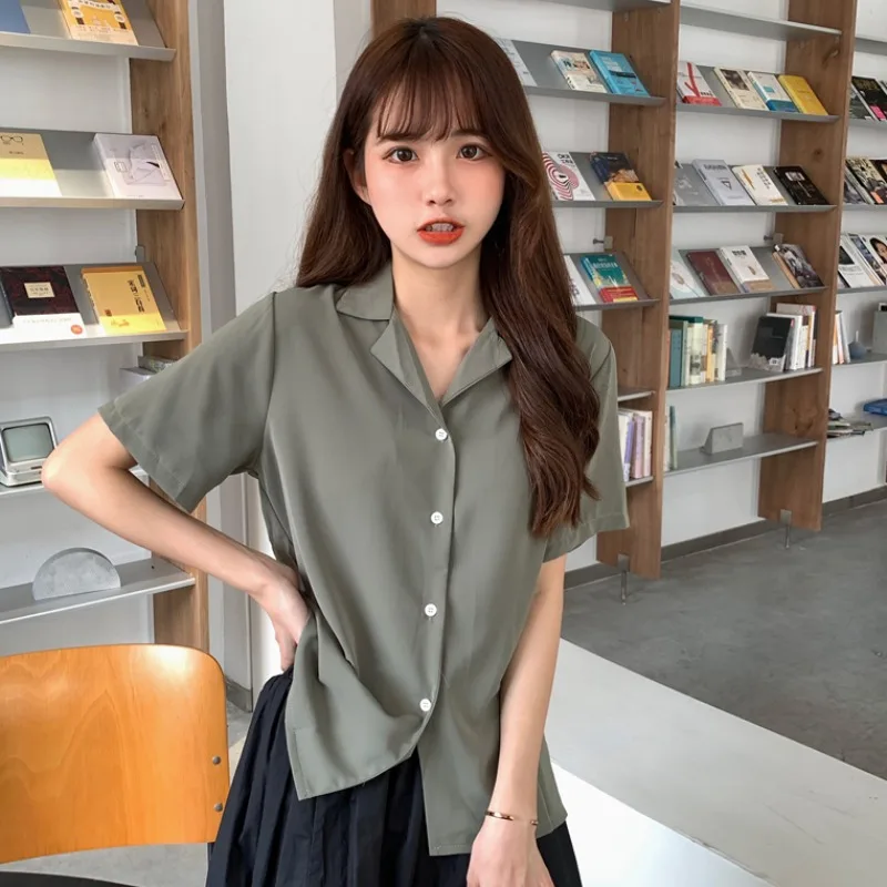 Turndown Collar Short Sleeve Chiffon Shirt Blouse Women 2020 Office Ol Overalls Shirt Casual Button Loose Summer Simple Tops