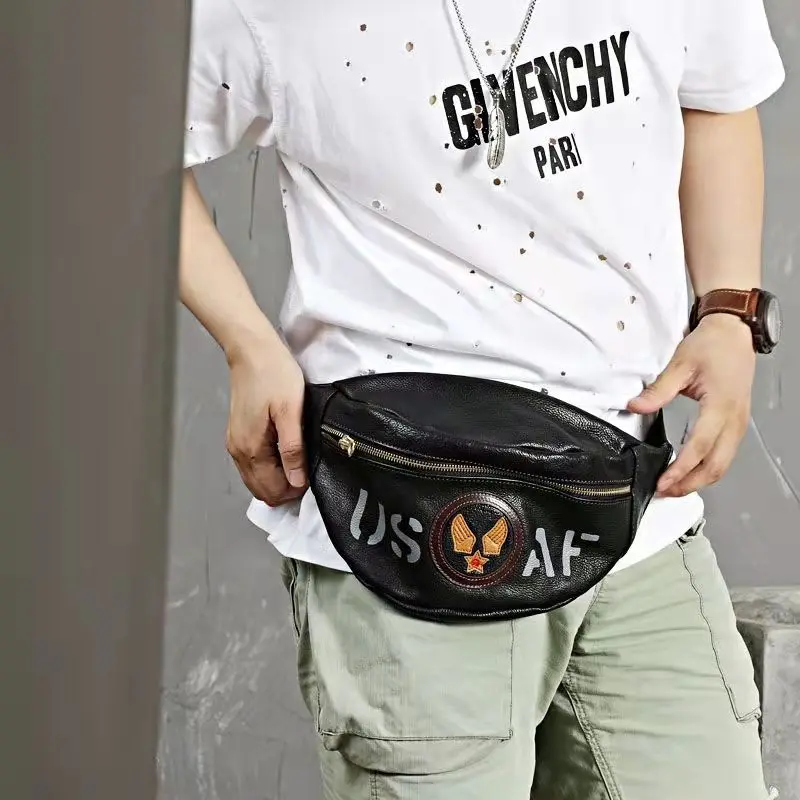 Original Handmade Retro First Layer Oil Wax Cowhide Navy Style Leather Multifunctional Fashion Waist Bag Chest Bag