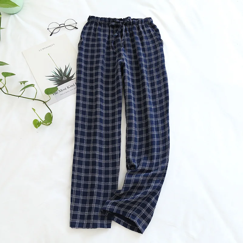 Japanese new spring and autumn couples cotton crepe cloth plaid trousers men and women large size home pants simple casual pants