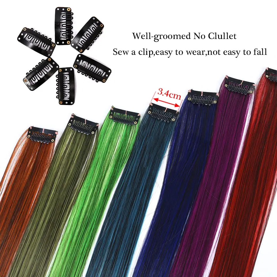 AOSI Fake Hair Extensions Highlight Colored Strands Of Hair On Hairpins Synthetic Natural Hair Extensions Clip Hairpiece Rainbow