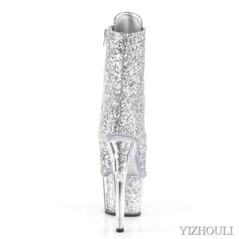 17cm banquet fashion wear stiletto heels, sequined material 7 inch heels, and pole dancing ankle boots for models