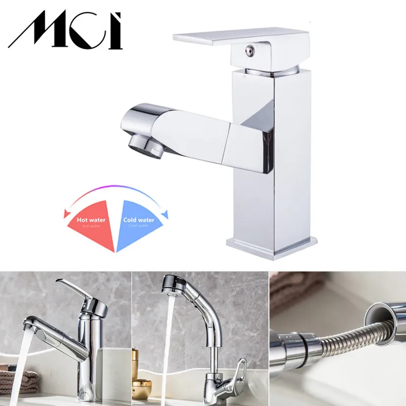 

Brass Basin Faucet Single Hole Pull Out Spout Bathroom Sink Mixer Tap Stream Sprayer Head 360 Rotation Kitchen Faucets Torneira