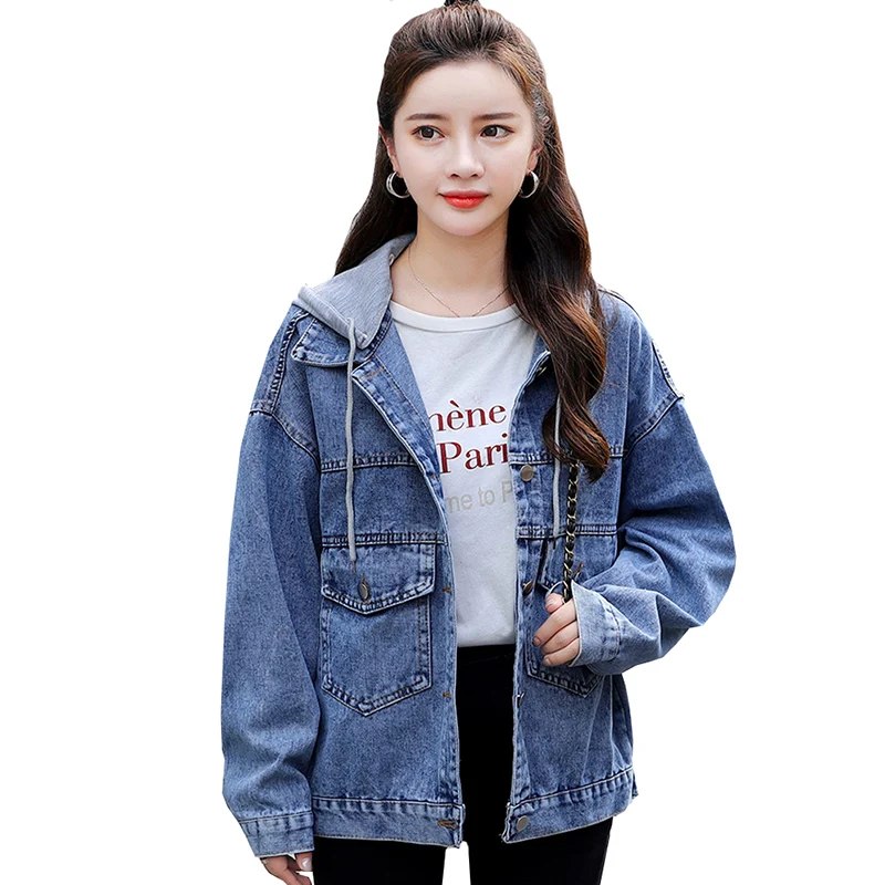 

Hooded Denim Jackets Women Outerwear 2022 New Spring Autumn Jacket Lady Loose Letter Cowboy Coat Female Streetwear