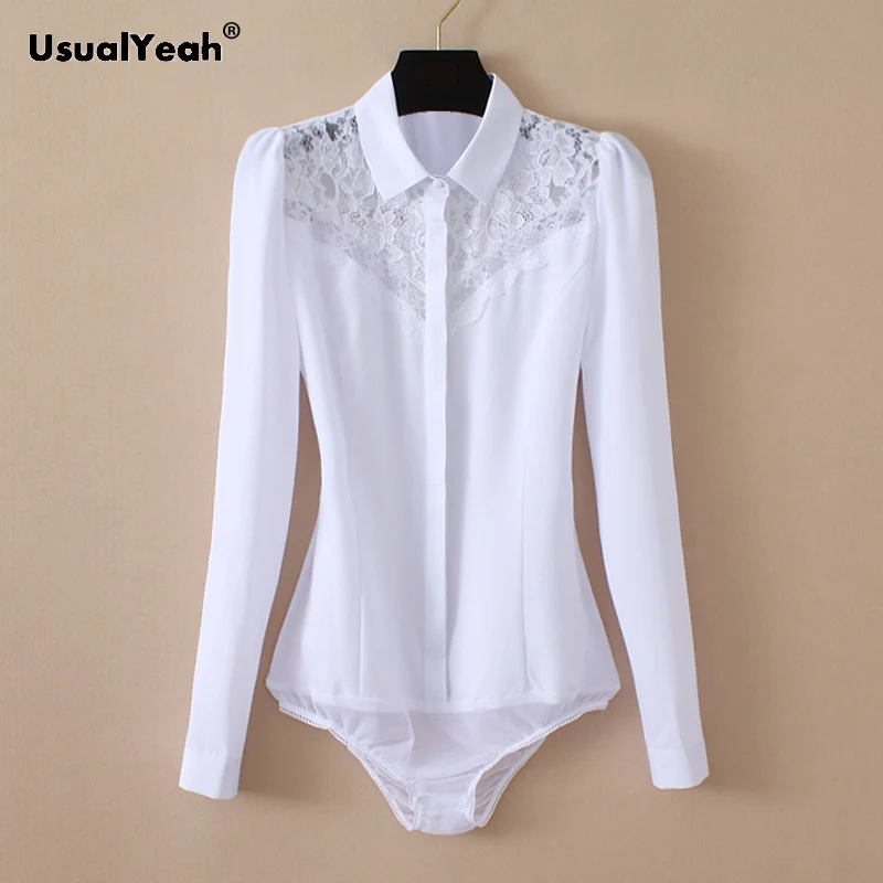 Body de manga larga con cuello vuelto para mujer, camisa ahuecada con parche de encaje negro, Tops de oficina, Blusa femenina blanca