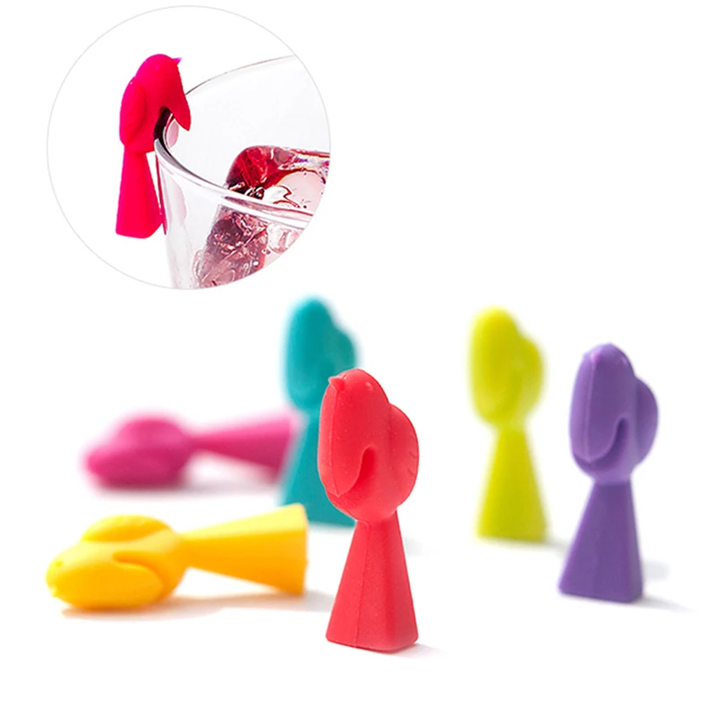 6PCS pennarelli per bicchieri da vino a forma di uccello multicolore identificatore per tazza segno segno forniture per feste in Silicone per uso alimentare Charms per bevande