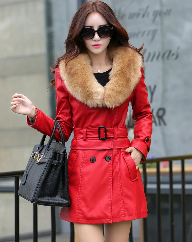 2023 Winter New Women Long Leather Jacket Coat Female Fashion Big Fur Collar Thick Slim Oversize Windbreaker