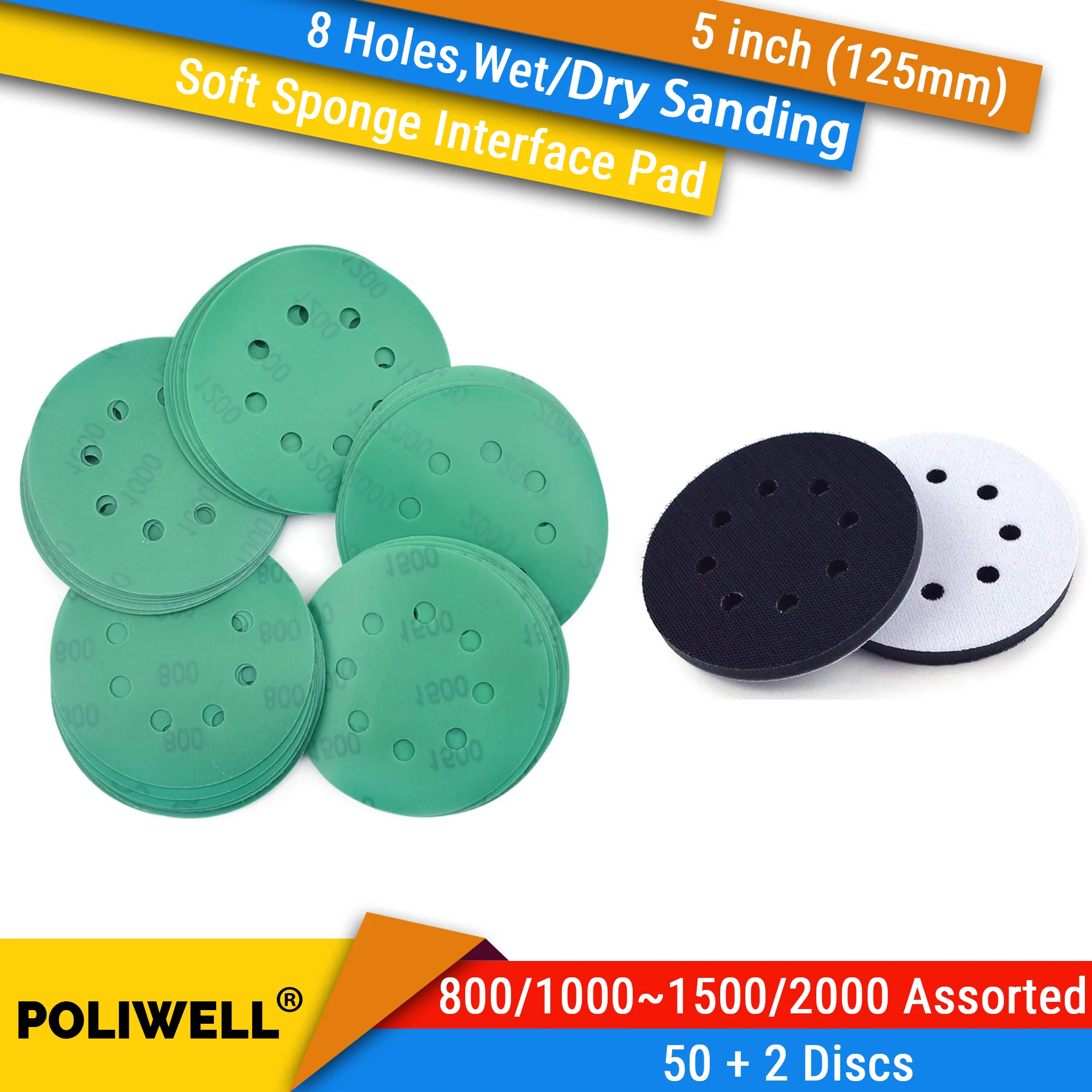 POLIWELL 5 Inch Sanding Discs 50Pack 8 Holes 800/1000/1200/1500/2000 Assorted and 2Pack 5 Inch 8 Holes Interface Pad