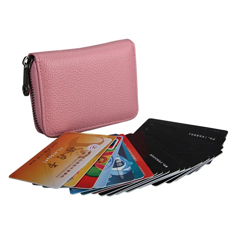 Leather Card Case RFID Credit Card Case Large Capacity Ladies Wallet Passport Holder Coin Purse Zipper Document Case Men