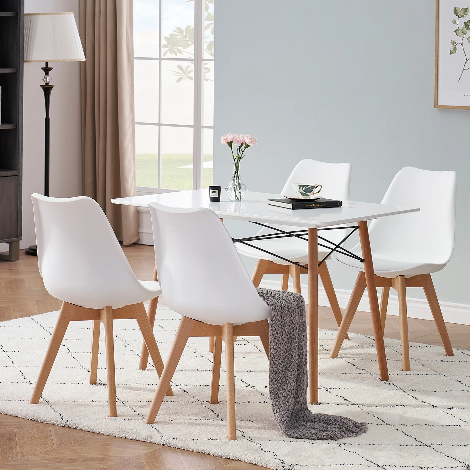 Set of 4 / 6 Mid-Century Dining Chairs Modern Style Plastic DAW Shell Dining Arm Chair Lounge Chair with Wooden Legs for Kitchen