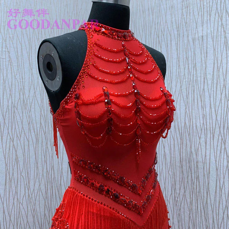 Latin dance dress  competition fringe Latin dancewear for girls Latin dance costume with beads tube ChaCha dance dress GOODANPAR