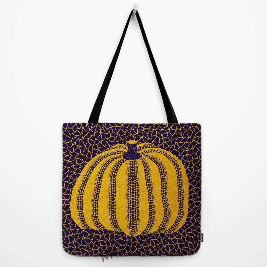 Abstract Graphic Polka Dots Flower Vase Modern Yellow Pumpkin Art Japanese Yayoi Kusama Linen Shopping Tote Bag Shoulder Bag