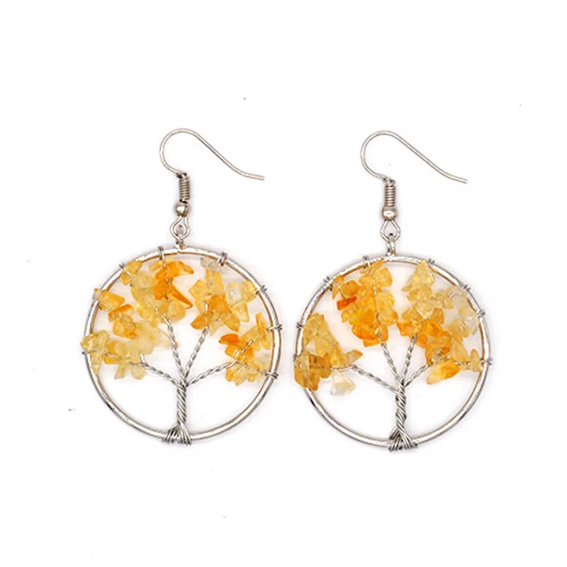 7 Chakra Quartz Natural Stone Tree of Life Pattern Hollow Out Earrings for Women long Earrings Designs moda mujer Pendientes