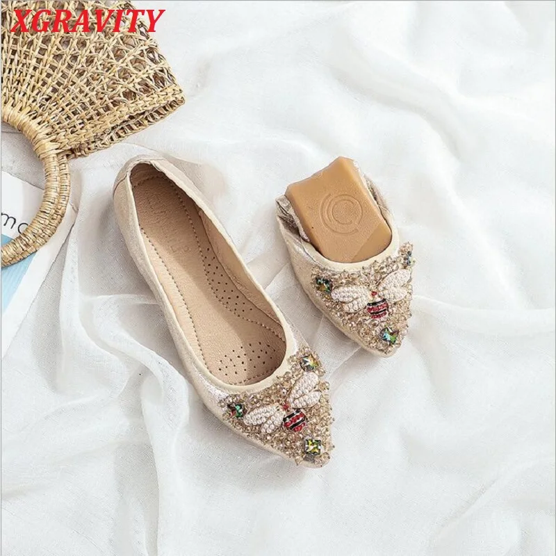 C363 XGRAVITY Branded Women Fashion Flat Shoes Elegant Bee Design Rhinestone Flats Comfort Ladies Loafer Pointed Toe Shoes Girl