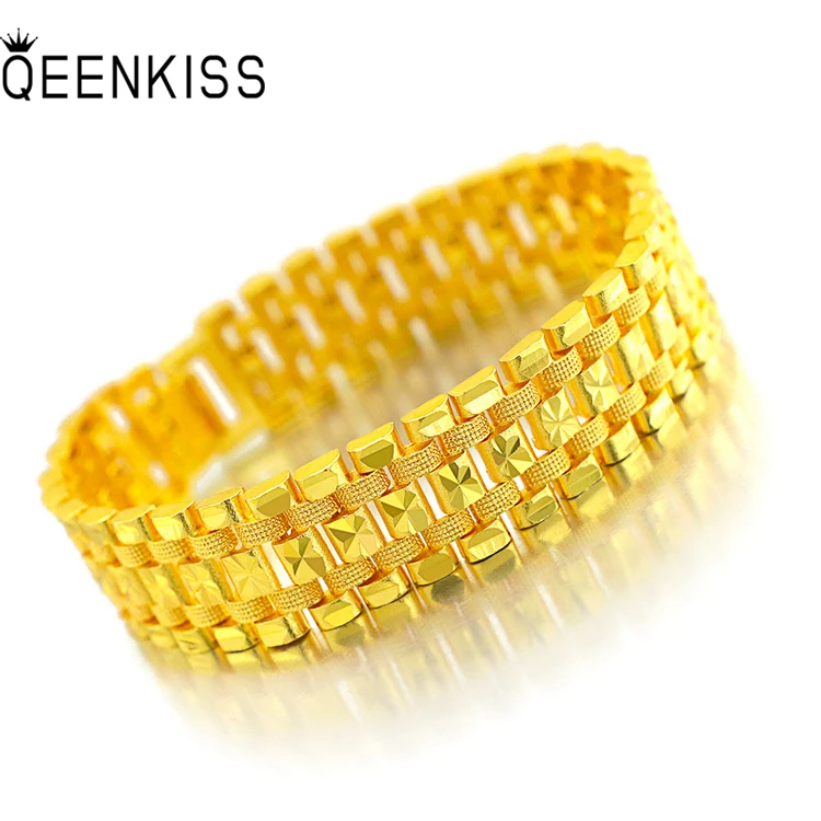 QEENKISS BT549 Fine Jewelry Wholesale Fashion Man Boy Male Birthday Wedding Gift Simple Wide 24KT Gold Watch Chain Bracelet