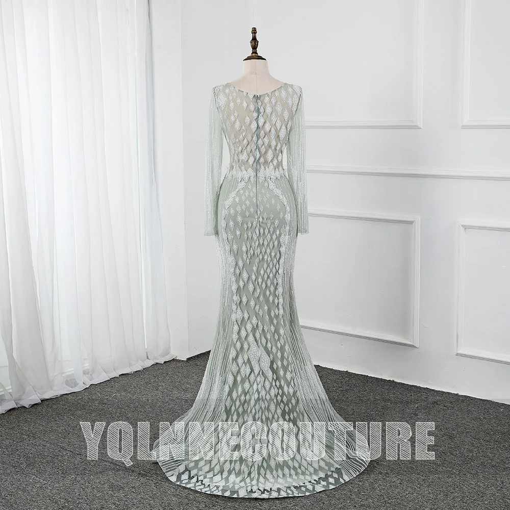 YQLNNE Couture Sage Long Sleeve Evening Dresses Sparkling V Neck Tulle Crystals Beaded Luxury Evening Gown Party Dress Mermaid