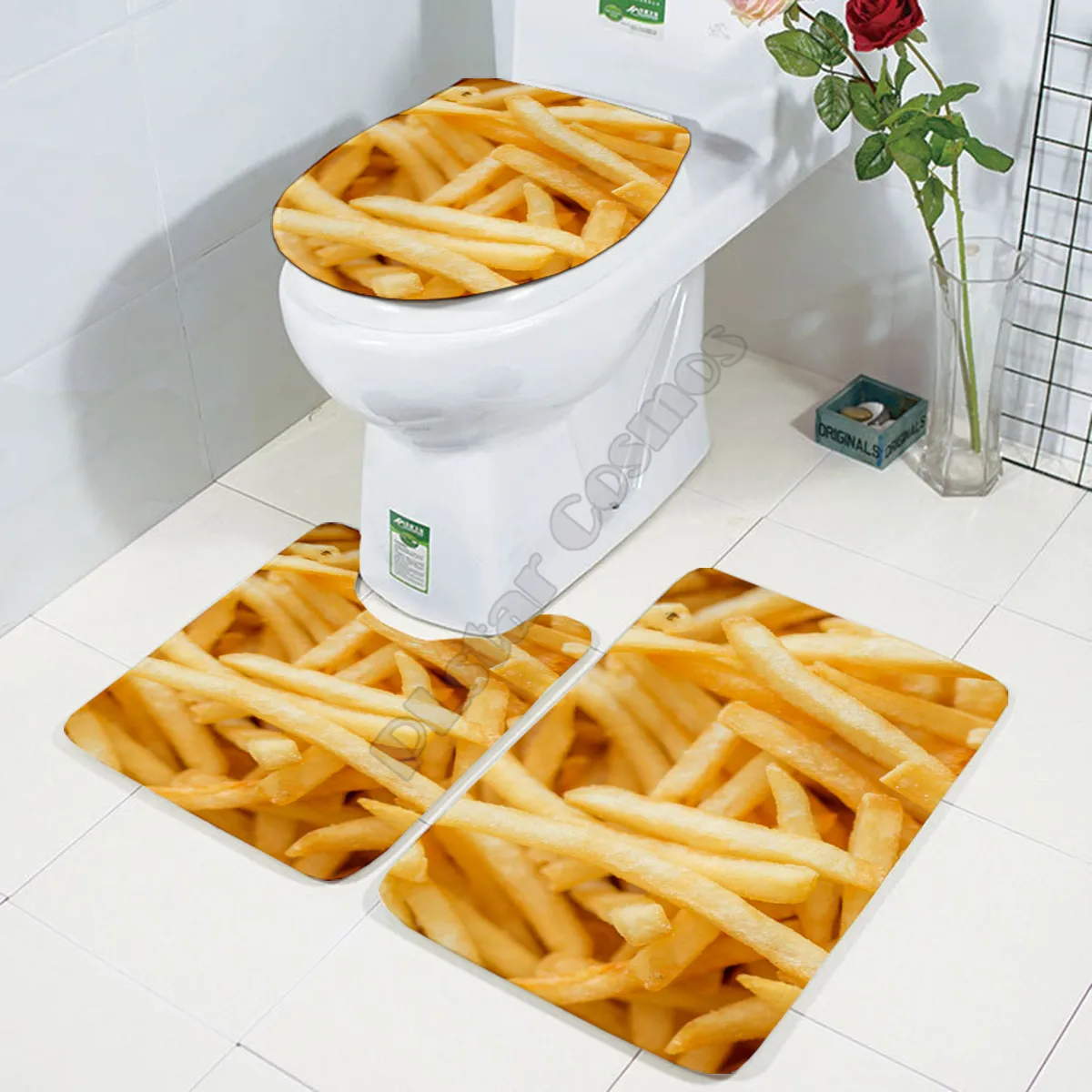 

French Fries Three-piece set 3D printed Bathroom Pedestal Rug Lid Toilet Cover Bath Mat Set drop shipping 01