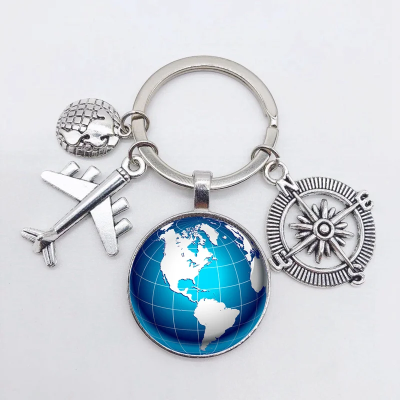 Earth plane keychain pendant earth compass personality memorial key ring gift for travel lovers