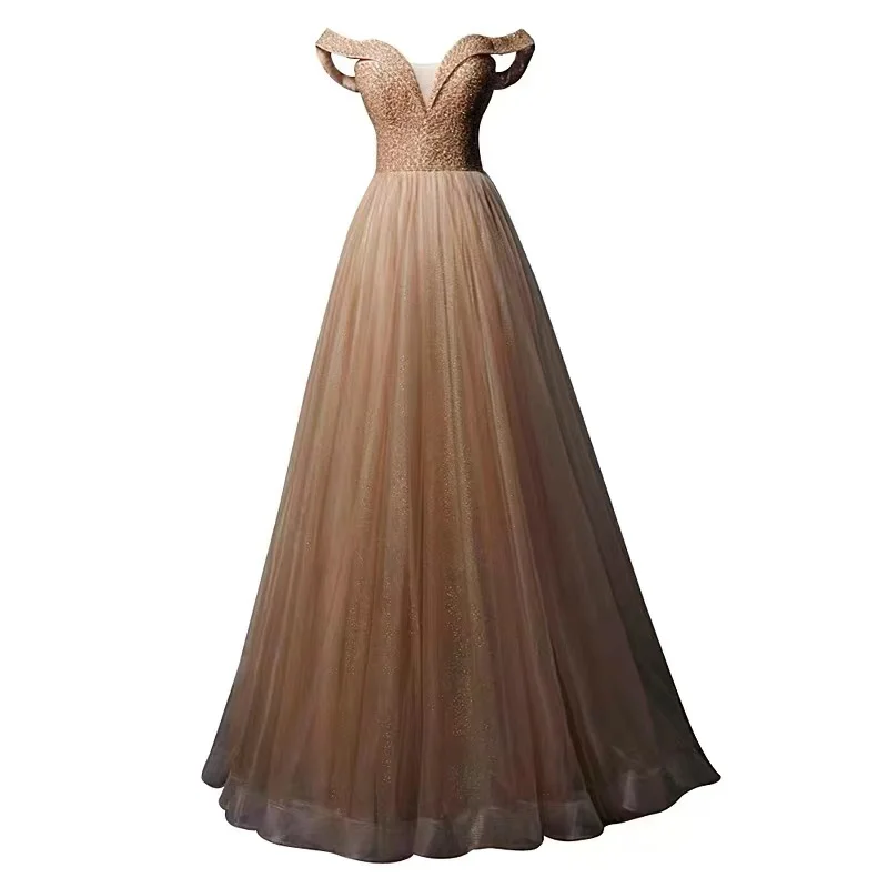 Luxe Gold Prom Dresses A-lijn Pailletten Kralen Sexy V-hals Uit De Schouder Vloer-Lengte Formele Lange Wedding Party Prom gown Nieuwe