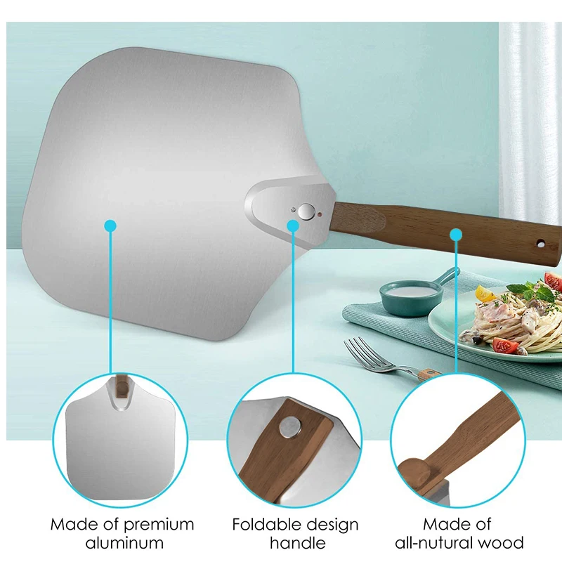 C2 NEW Folding Aluminum Pizza Peel 16 14 Inch Wood Paddle Handle Shovel Cook Kitchen Oven Accessories Kit Portable BBQ Bake Tool - Image 4
