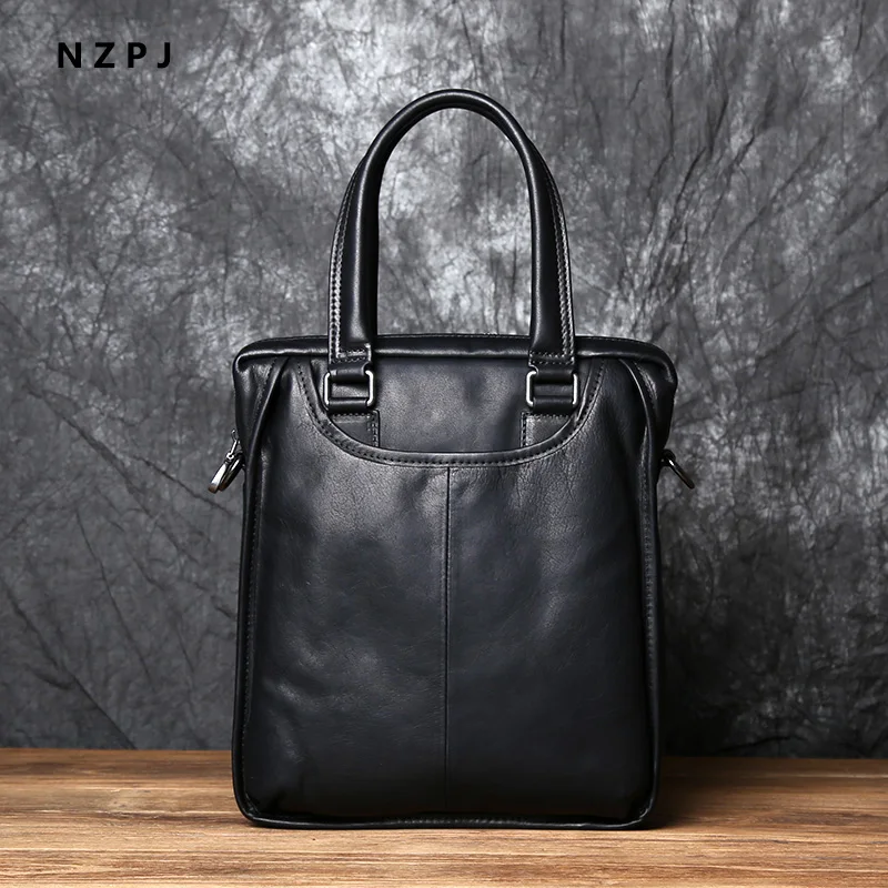 NZPJ Men's Leather Business Handbag Top Layer Cowhide One Shoulder Messenger Bag Vertical Office Computer Bag Simple Briefcase