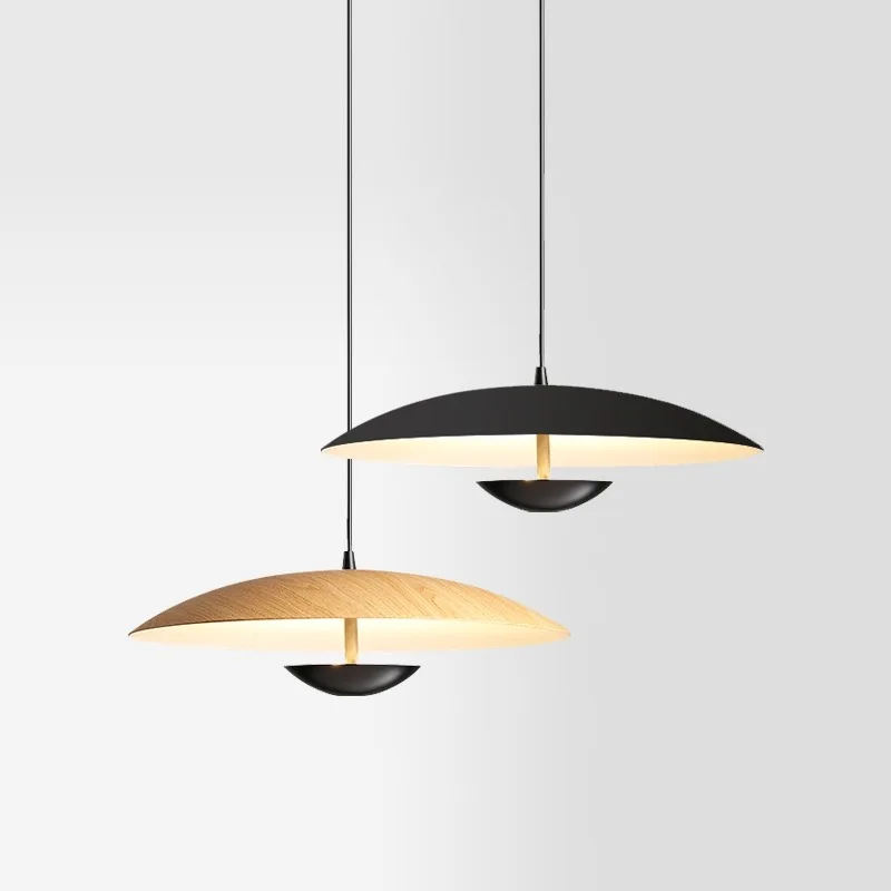 UFO Flying Saucer Round Pendant Lamp Creative Dining Room Cafe Hotel Decor Retro Pendant Light Wood Grain/Black LED Hanging Lamp