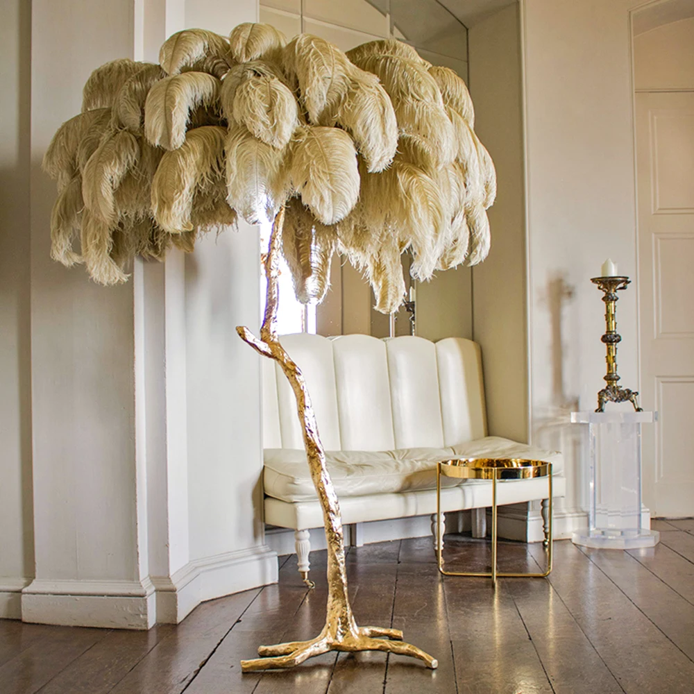 Luxury Ostrich Feather Floor Lamp Living Room Stand Lamp Bedroom Modern Indoor Lighting Decor Floor Lights Standing Lamp Fixture