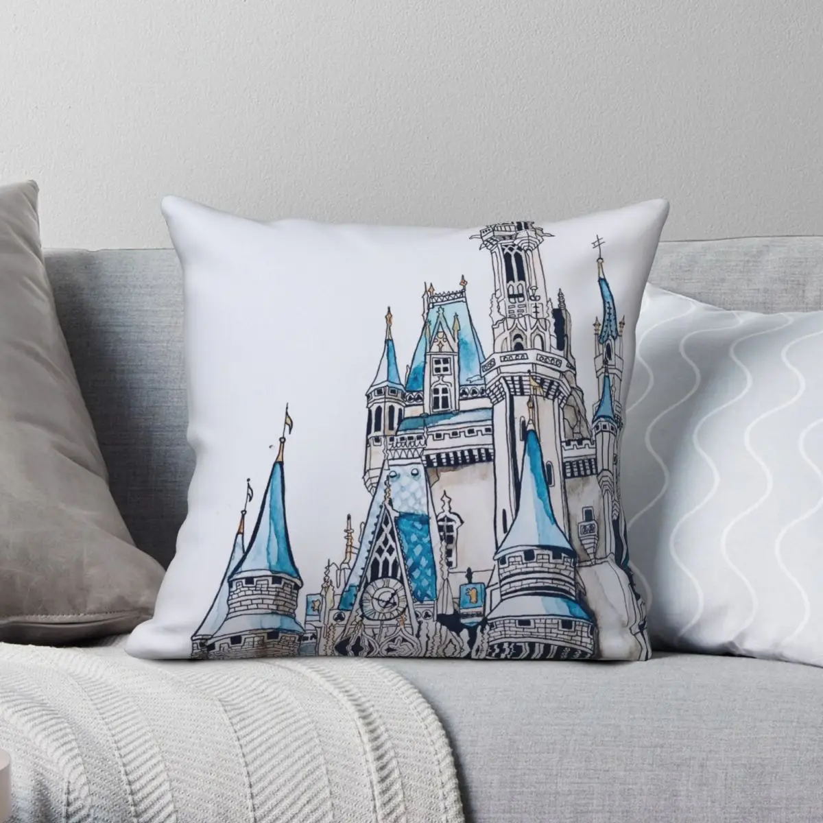 Cinderella's Castle Watercolor Square Pillowcase Polyester Linen Velvet Printed Zip Decor Throw Pillow Case Sofa Cushion Cover