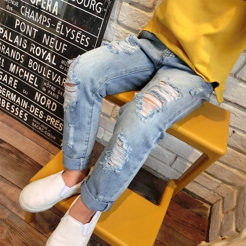 Spring and Autumn New Children Clothing Fashion All-match Solid Color Girl Ripped Jeans Korean Boys Trousers Straight Retro