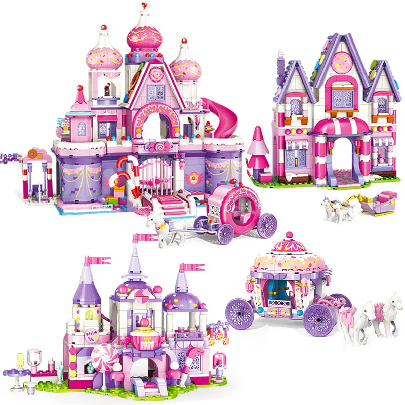 

Friends Series Princess Candy Castle Royal Carriage Model Building Blocks City DIY Pink House With Figure Bricks Toys Girls Gift