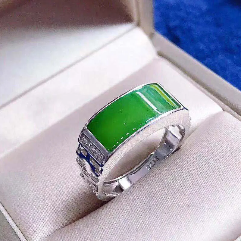 

S925 Sterling Silver Inlaid Natural Hetian Jade Jasper Saddle Ring With Adjustable Ring