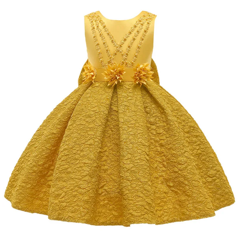 Kids Clothes Children Girls Princess Dress Beads Bow Baby Girls Christmas Party Dress Floral Ceremony Girls Costume Ball Gown