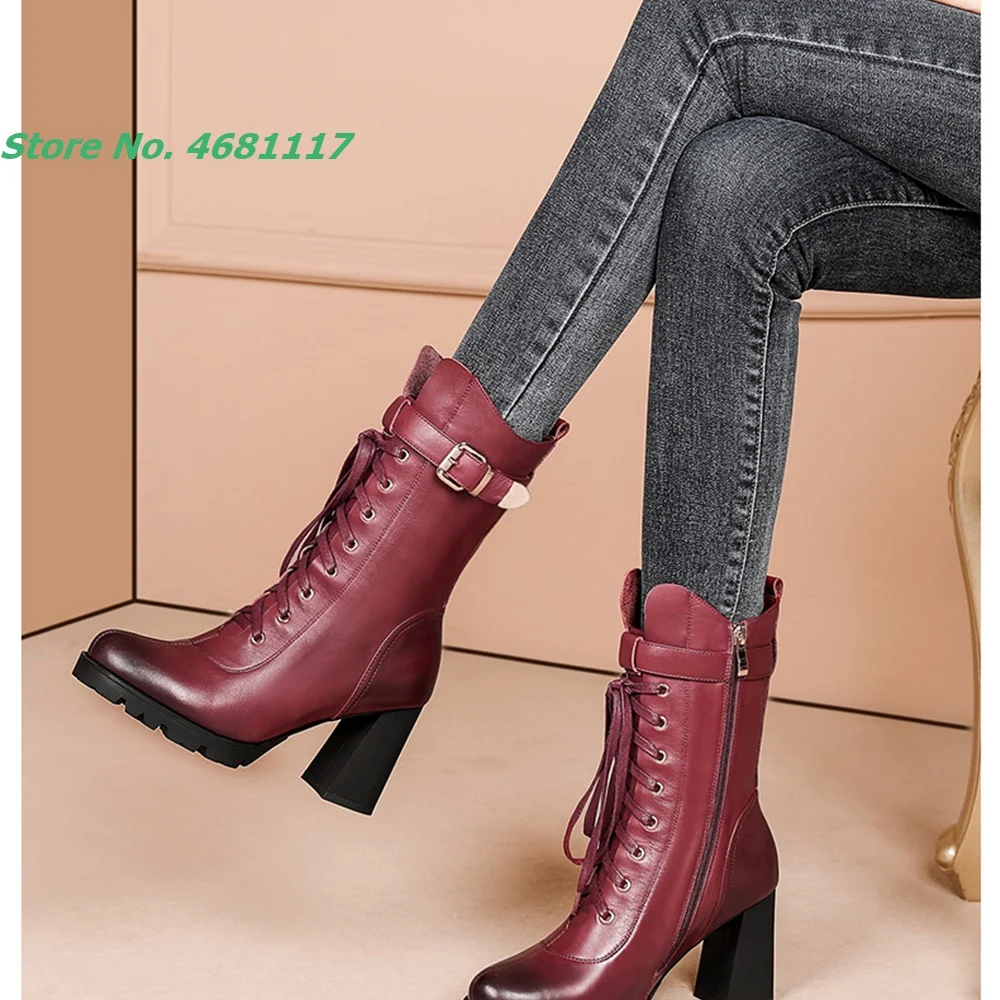 Womens Gradient Boots Front Lace Belt Buckle Side Zipper Metal Decoration Fashion Ladies Chunky Heel Runway Boots Outfit 2021