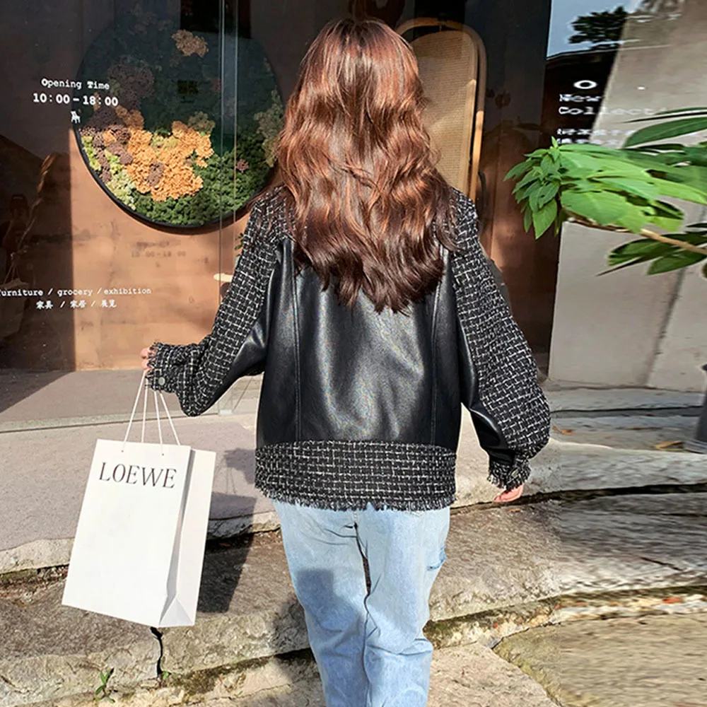 Leather Jacket Women Fashion Chic Spring Fall New Style Small Fragrant Wind Tweed Stitching PU Leather Jacket Loose Short Jacket